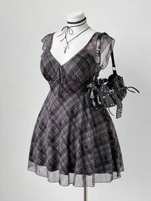 Sunspun Sukienka w kratę z nadrukiem i kwadratowym dekoltem i rękawami typu cap, letnia