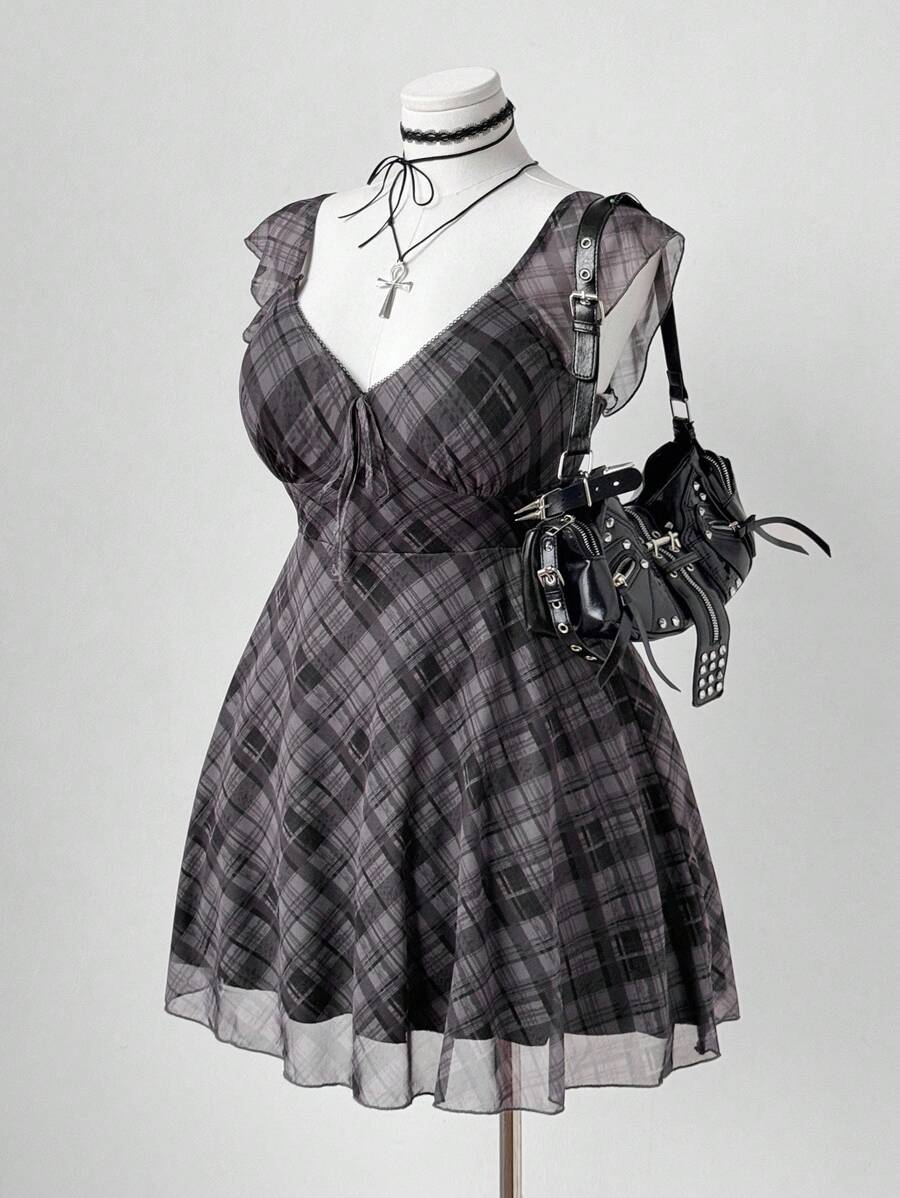 Sunspun Sukienka w kratę z nadrukiem i kwadratowym dekoltem i rękawami typu cap, letnia