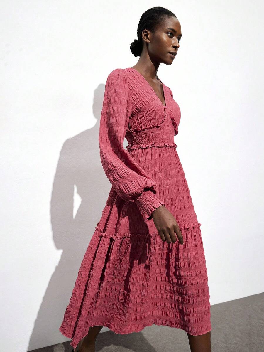 Maija Váy dài tay bồng cổ chữ V họa tiết kẻ caro đỏ tím đậm, viền bèo nhún, thắt eo, viền loe tôn dáng, trang phục lễ hội âm nhạc đồng quê phong cách Bohemian sang trọng, váy nhẹ nhàng, đa năng cho mọi mùa - Màu đỏ tím - Xem 1