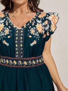 Comfylo 大码女式休闲花卉印花长裙，适合夏季度假穿着 - 綠色 - 查看 4