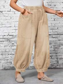 EMERY ROSE 大码女式松紧腰口袋锥形宽松牛仔裤 - 卡其色 - 查看 5