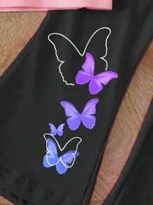 年轻女孩休闲时尚创意可爱卡通针线印花短袖上衣和喇叭裤套装 - 彩色 - 查看 7