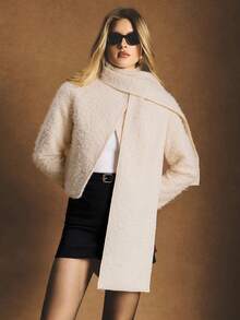 Poéselle Women's Overcoat With Scarf And Pockets, Solid Color Minimalist Long Sleeve Overcoat, Everyday Wear Winter Chic Fall Overcoat - Apricot - View 7