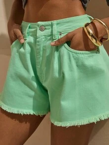 Bóhologie Boho Bohemela Womens Clothing Women Summer Clothes High-Waisted A-Line Denim Shorts – Vibrant Wash, Frayed Hem, Relaxed Fit & Chic Summer Staple Casual Boho Style Germany Seaside Holiday, Suitable For Everyday, Out Of The Street, Holiday And Other Occasions To Wear Music Festival - Mint Green - View 3