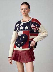 ROMWE J-Fashion Y2K 复古五角星条纹美式休闲女毛衣 - 藍色 - 查看 4