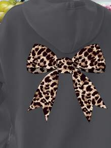 Tween Girl Casual Cartoon Pattern Long Sleeve Hooded Pullover Sweatshirt, Leopard Print Bow,In Fall/Winter - Grey - View 3
