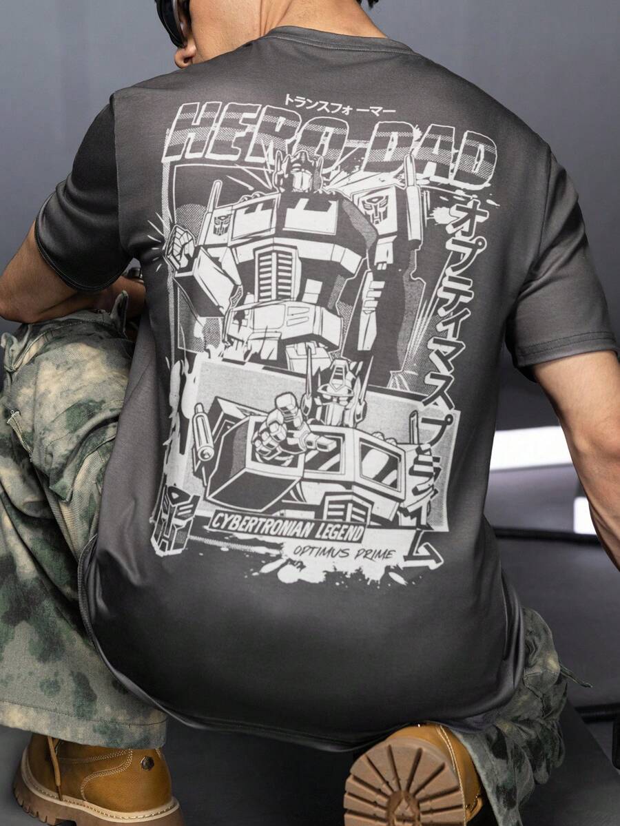 Transformers X SHEIN 男式字母与机器人图案圆领短袖T恤 - 灰色 - 查看 1
