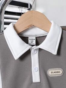 SHEIN Genkimix Kids 2 件套年轻男孩休闲 Polo 衫套装，上衣采用撞色缝线和编织标签装饰，裤子采用色块和锥形裤腿设计，面料舒适，适合夏季和秋季 - 彩色 - 查看 3