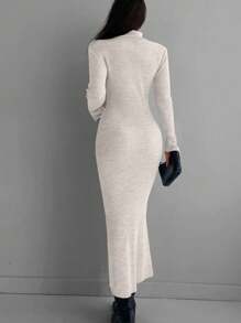 EURMUSE Solid Turtleneck Bodycon Sweater Dress Without Belt - Apricot - View 2