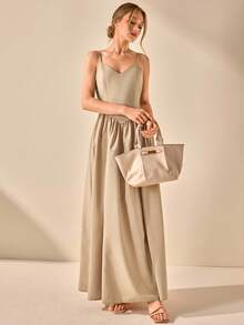 CLARA VERO 吊带棉质 V 领露背长裙，优雅时尚长裙，适合夏季婚礼风格 - 米色 - 查看 5