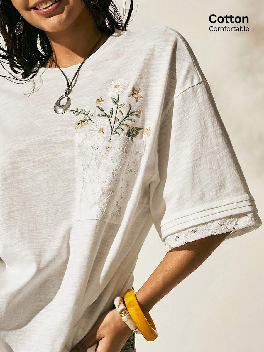 1件装 女士针织夏季度假蕾丝拼接基础款雏菊刺绣白色100%纯棉T恤 假日可爱夏季上衣 - 白色 - 查看 1