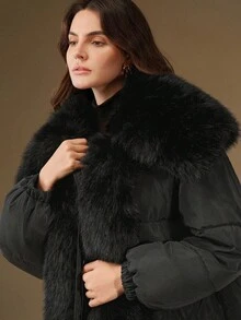 Anewsta 女式秋冬长款可拆卸仿毛领收腰大口袋超时尚厚棉服外套 - 黑色 - 查看 7