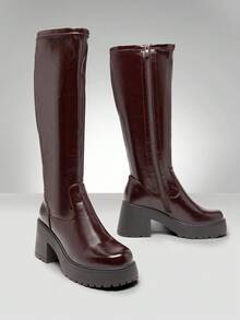 Solezae 女式舒适弹力材质厚底及膝靴 - 棕色 - 查看 6