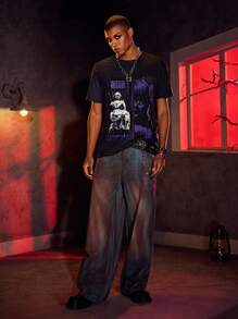 ANNABELLE x SHEIN Men's Horror Figure Graphic Round Neck Short Sleeve T-Shirt, Summer