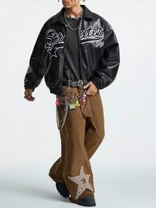 AXEPEAK Plus Size Men's Long Sleeve Casual Fashion Street Hooded PU Leather Jacket With Letter & Star Embroidery, Loose Fit Zip-Up, Autumn, For Fall Winter