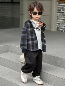 DAZY 2pcs Kids Boys Casual Plaid Hooded Shirt And Sweatpants Set, Loose Fit, Autumn