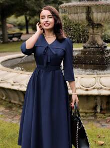 Vintamour 复古优雅女士中长连衣裙，夏秋季修身蝴蝶结腰泡泡袖连衣裙，卡其色感恩节女装秋季服装优雅女士连衣裙蝴蝶结连衣裙情人节情人节服装女士连衣裙优雅教堂服装女士红色连衣裙优雅 - 藍色 - 查看 3