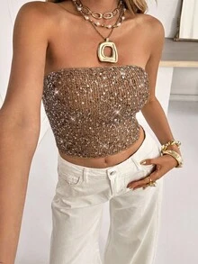 Áo crop top đính sequin thời trang dành cho nữ - Màu nâu  Mocha - Xem 4