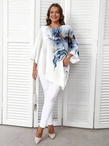 EMERY ROSE Blusa plus size con stampa floreale su tutta la superficie, design asimmetrico minimale blu e bianco, maniche a 3/4, adatta per la primavera/estate, stile casual da resort
