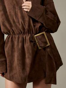 MISSGUIDED Suede Long Sleeve Mini Dress Winter Fall Wrap Front Party Evening Belt Buckle Detail Belted Deep V Neck Oversized Short Dress Brown - Coffee Brown - View 4