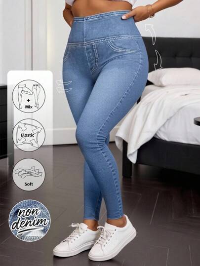 EMERY ROSE ‌Women's Plus Size High Waisted Denim Print Yoga Pants - Stretch Workout Leggings With Faux Jean Design