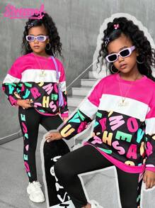 SHEIN Explorewe Bộ 2 quần nỉ và quần legging in chữ nhiều màu cho bé gái tuổi mới lớn - Nhiều màu - Xem 1