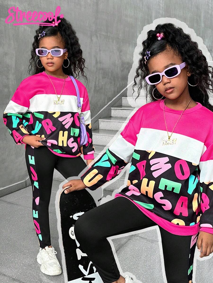 SHEIN Explorewe Bộ 2 quần nỉ và quần legging in chữ nhiều màu cho bé gái tuổi mới lớn - Nhiều màu - Xem 1