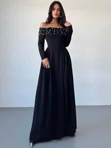 Firerie Vestido largo de línea A con hombros descubiertos, manga larga, fruncido y cuentas para mujer, vestido elegante y sexy para eventos de noche, vestido vintage con decoración de perlas, adecuado para primavera, verano, otoño, elegante, viajes, sexy, vacaciones, playa, estilo bohemio, Hawái, festivales de música, romántico, citas, fiestas, bodas, graduación, actuaciones, conciertos, trabajo, regreso a clases, cumpleaños de mujer - Negro - Ver 8