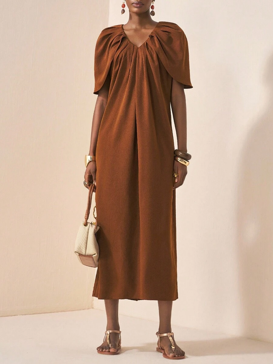 Zivah 2025 Autumn New Arrival Music Festival, Easter, St. Patrick's Day, Western Style, Nomadic Style, Birthday Party, Graduation Season, College Style, Student Wear, Daily Casual, Basic Versatile, Leisure, Vacation, Cruise Travel, Beach, Sunbathing, Viral , Streetwear, Wedding Guest Boho Style, Commuter Style, Brunch Outfit, Airport Outfit, Ruched Shoulder Cape Sleeve V-Neck Maxi Dress In Burgundy