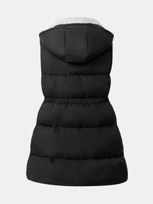 SHEIN Teen Girl Plain Zip-Up Sleeveless Hoodie Casual Padded Coat Black Puffer Vest Winter Black Long Puffer Vest Hooded Puffer Vest Fall - Black - View 5