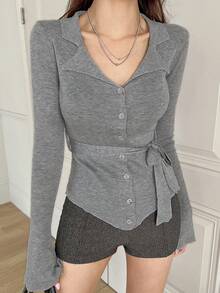 DAZY Sexy Plunging Collar Fitted Elegant Button Tie-Front Cardigan - Grey - View 1