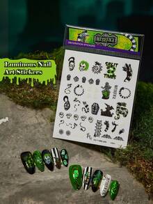Beetlejuice X SHEIN 时尚夜光防水超薄自粘黑色和绿色指甲贴纸，无需紫外线灯指甲贴花，美甲 DIY 装饰，配饰自由搭配，哥特，角色扮演，哥特，万圣节 - 彩色 - 查看 3