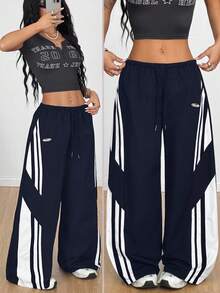 Coolane Women's  All-Season Concert Streetwear Going Out Color-Blocked  Blue Parachute Pants - Blue - View 3
