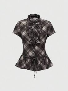 ROMWE Kawaii 可爱复古格子印花荷叶边下摆修身短袖衬衫 - 咖啡棕 - 查看 1