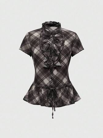 Kawaii Cute Retro Plaid Print Ruffle Hem Fitted Short Sleeve Shirt