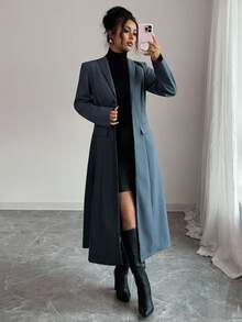 Elenzga 女士优雅高品质通勤办公室高端纽扣设计修身 A 字中长西装外套，秋冬女装 - 深灰色 - 查看 1