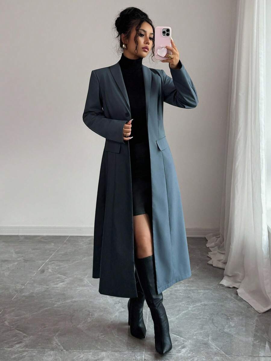 Elenzga 女士优雅高品质通勤办公室高端纽扣设计修身 A 字中长西装外套，秋冬女装 - 深灰色 - 查看 1