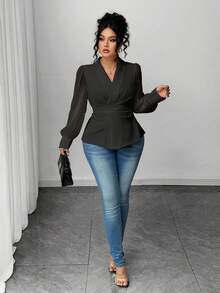 Elenzga Blusa de manga larga con escote en V, parches de malla transparente y lazo, de unicolor, para mujer de talla grande, elegante y de uso casual para la oficina