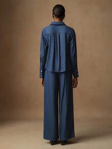 Lyxana 2 件套女士休闲纯色长袖单排扣衬衫和裤子套装，通勤风格 - 藍色 - 查看 2