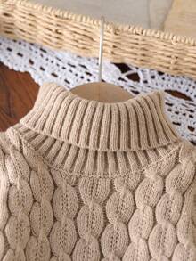 SHEIN Baby Girls Khaki High Collar Pullover A-Line Sweater Dress, Soft Knit Fabric Suitable For Outdoor & Indoor Wear, Autumn/Winter Fall - Khaki - View 5