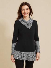 SHEIN LUNE 围脖领束腰外衣 长袖拼布 A 字形上衣 - 黑與白 - 查看 1