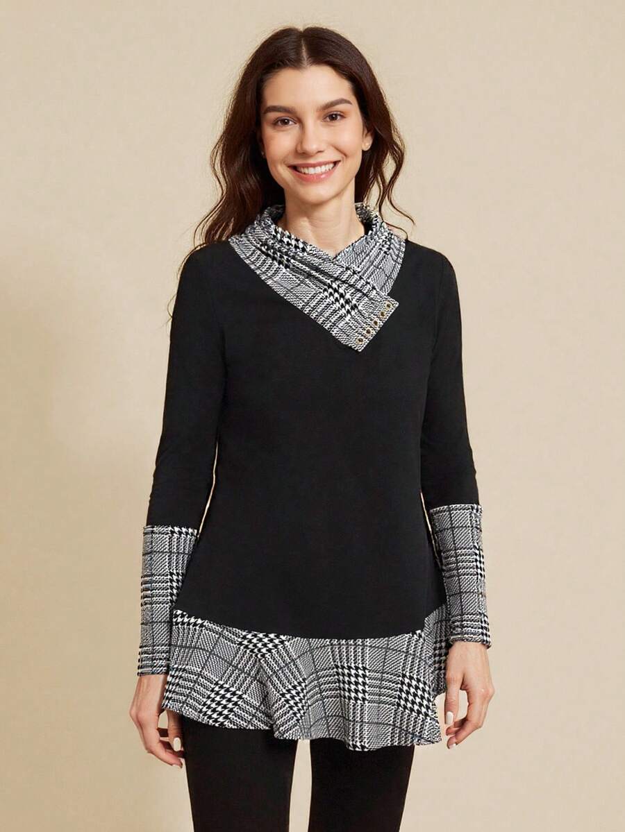 SHEIN LUNE 围脖领束腰外衣 长袖拼布 A 字形上衣 - 黑與白 - 查看 1