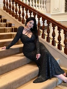 Flirla 大码女式黑色烫金装饰修身复古浪漫优雅V领长袖派对超长鱼尾连衣裙 - 黑色 - 查看 3