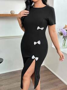 Modelyn Women's Round Neck Short Sleeve 3 Bowknot Fitted Bodycon Elegant Commuter Plus Size Dress - Black - View 3