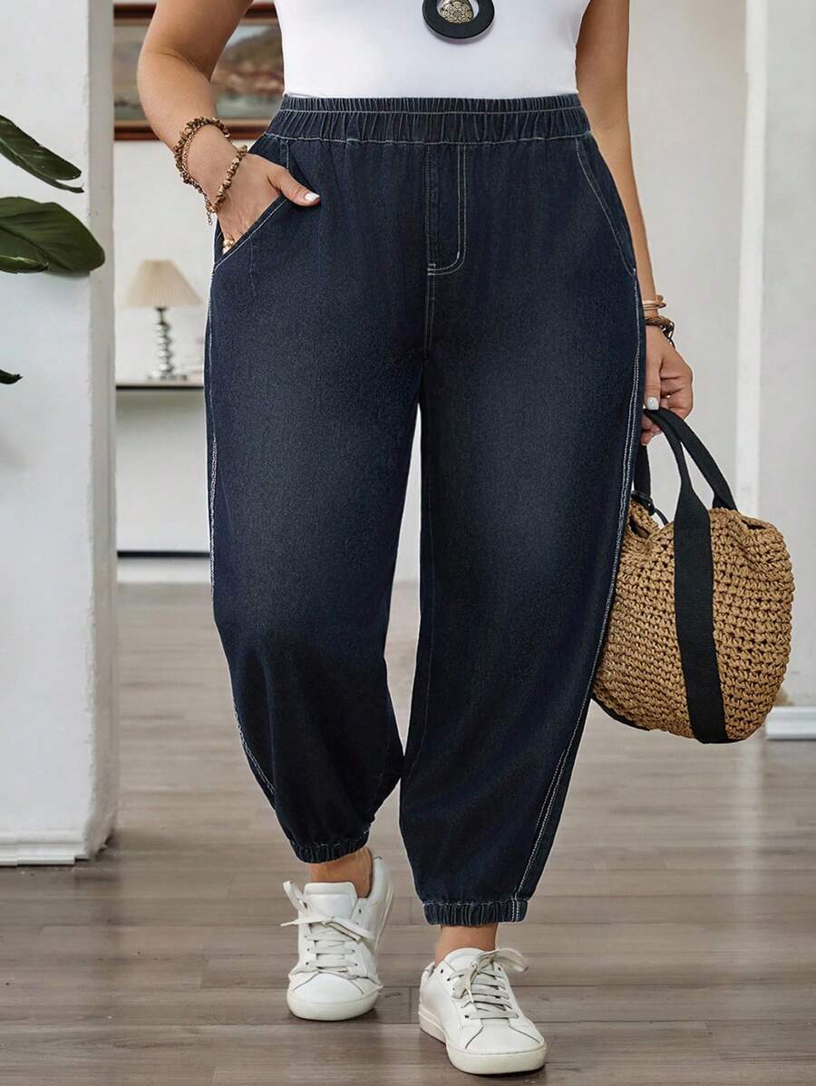 SHEIN CURVE+ Plus Size Washed Drawstring Waist Denim Jeans, Casual Vacation, Spring/Autumn - Blue - View 1