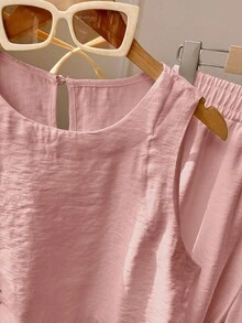 2件套女式无袖纯色背心和裤子 - 粉色 - 查看 4