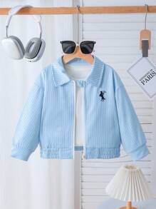 年轻女孩时尚条纹领夹克刺绣设计，适合日常休闲穿着 - 藍色 - 查看 7