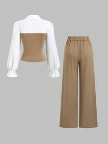 Sweetra 2pcs Office Lady Minimalist Long Sleeve Shirt And Straight Leg Pants Set, Autumn Fall Cloth For Women - Khaki - View 2