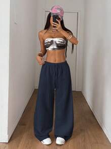 SHEIN PETITE Women's Summer Textured Fabric Straight Leg Pants Fall Cloth For Women - Navy Blue - View 4