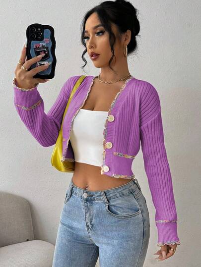 Chiquease 女式拼色纽扣装饰长袖优雅开衫